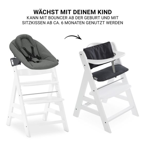 Hauck 4-pc. Alpha Plus Newborn Set - High Chair + Bouncer 2in1 Premium in Dark Grey + High Chair Cushion Deluxe in Melange Charcoal - White