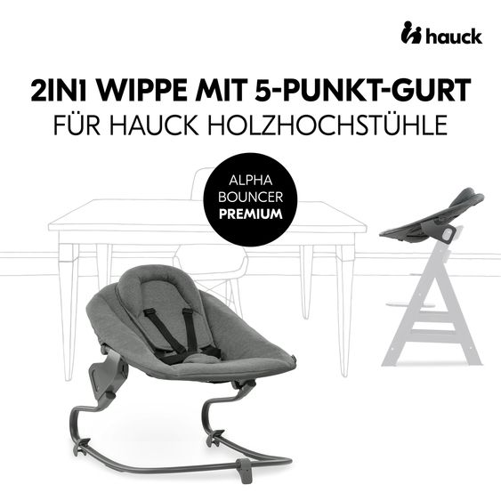 Hauck 4-pc. Alpha Plus Newborn Set - High Chair + Bouncer 2in1 Premium in Dark Grey + High Chair Cushion Deluxe in Melange Charcoal - White