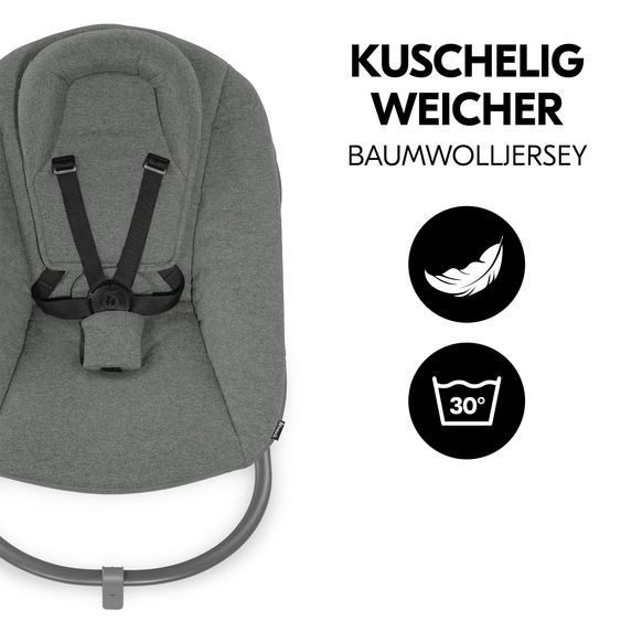Hauck 4-pc. Alpha Plus Newborn Set - High Chair + Bouncer 2in1 Premium in Dark Grey + High Chair Cushion Deluxe in Melange Charcoal - White