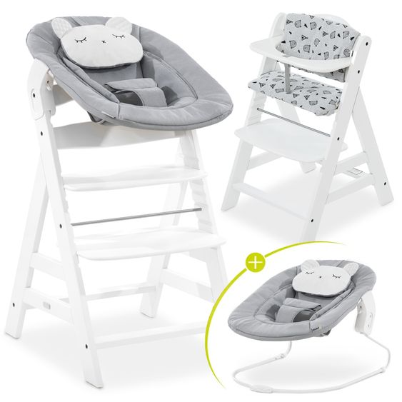 Hauck Alpha Plus White 4-tlg. Newborn Set Pastell Bear - Hochstuhl + Neugeborenenaufsatz + Sitzkissen Nordic Grey
