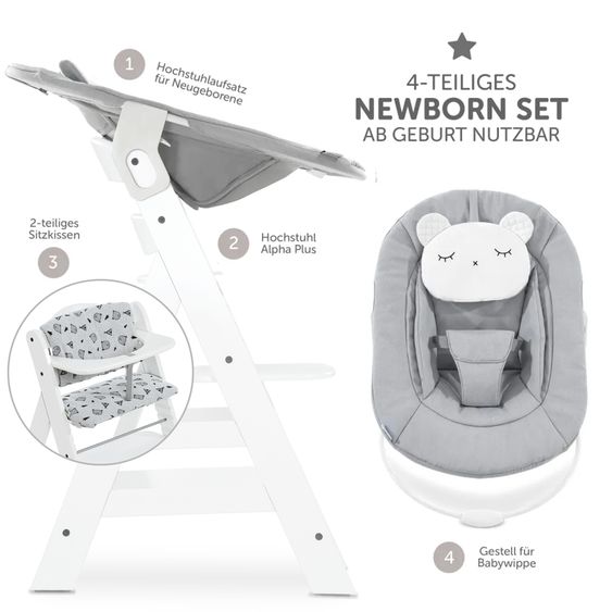 Hauck Alpha Plus White 4-tlg. Newborn Set Pastell Bear - Hochstuhl + Neugeborenenaufsatz + Sitzkissen Nordic Grey