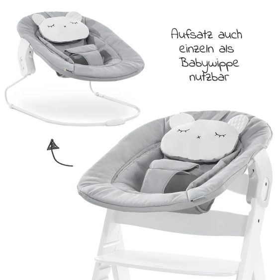 Hauck Alpha Plus White 4-tlg. Newborn Set Pastell Bear - Hochstuhl + Neugeborenenaufsatz + Sitzkissen Nordic Grey