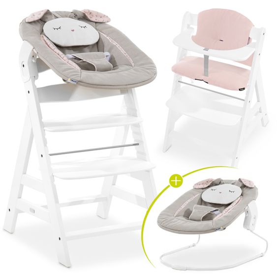 Hauck Alpha Plus White 4-tlg. Newborn Set Powder Bunny - Hochstuhl + Neugeborenenaufsatz & Wippe + Sitzkissen Muslin Mineral Rose