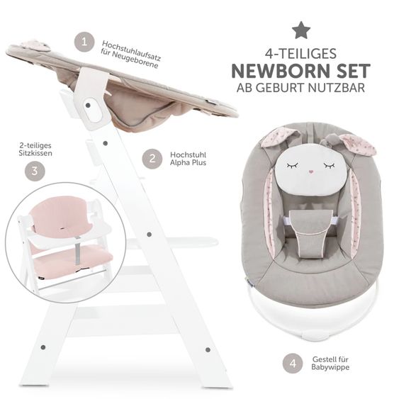 Hauck Alpha Plus White 4-piece Newborn Set Powder Bunny - seggiolone + aggancio neonato e sdraietta + cuscino di seduta Muslin Mineral Rose