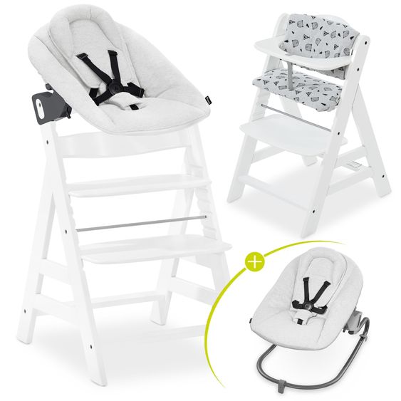 Hauck Alpha Plus White 4-tlg. Newborn Set Light Grey - Hochstuhl + Neugeborenenaufsatz & Wippe + Sitzkissen Nordic Grey