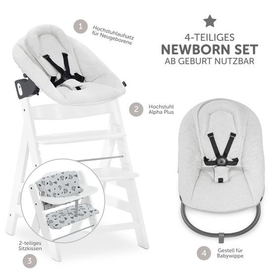 Hauck Alpha Plus White 4-piece newborn set Light Grey - high chair + newborn attachment & rocker + Nordic Grey seat cushion