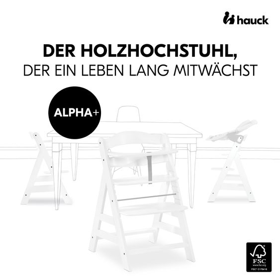 Hauck Alpha Plus White 4-piece newborn set Light Grey - high chair + newborn attachment & rocker + Nordic Grey seat cushion