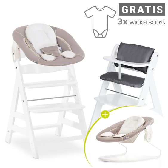 Hauck Alpha Plus White 7-piece newborn set - high chair + 2in1 newborn attachment & bouncer + seat cushion + FREE changing bodysuit 3-pack - Stretch Beige