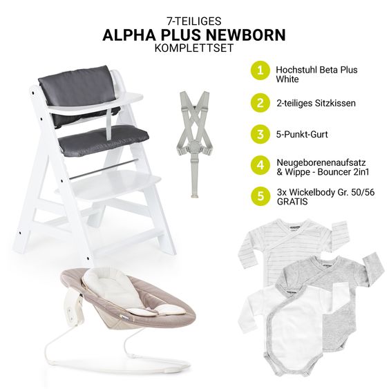 Hauck Alpha Plus White 7-piece newborn set - high chair + 2in1 newborn attachment & bouncer + seat cushion + FREE changing bodysuit 3-pack - Stretch Beige