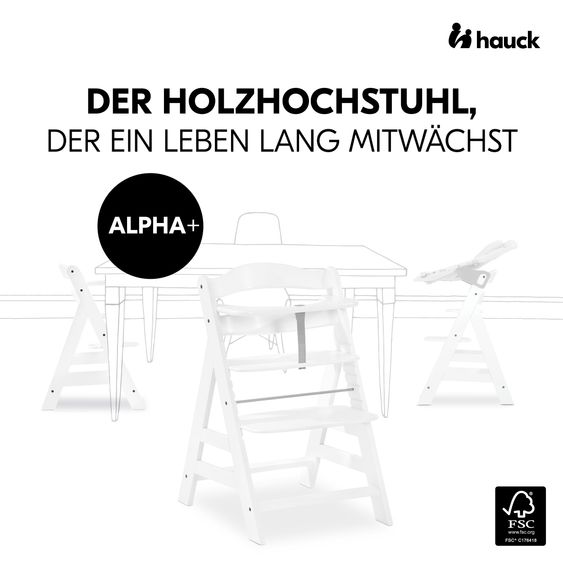 Hauck Alpha Plus White 7-piece newborn set - high chair + 2in1 newborn attachment & bouncer + seat cushion + FREE changing bodysuit 3-pack - Stretch Beige