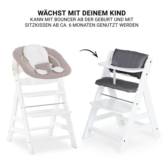 Hauck Alpha Plus White 7-tlg. Newborn Set - Hochstuhl + 2in1 Neugeborenen-Aufsatz & Wippe + Sitzpolster + GRATIS Wickelbody 3er Pack - Stretch Beige