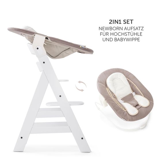 Hauck Alpha Plus White 7-piece newborn set - high chair + 2in1 newborn attachment & bouncer + seat cushion + FREE changing bodysuit 3-pack - Stretch Beige