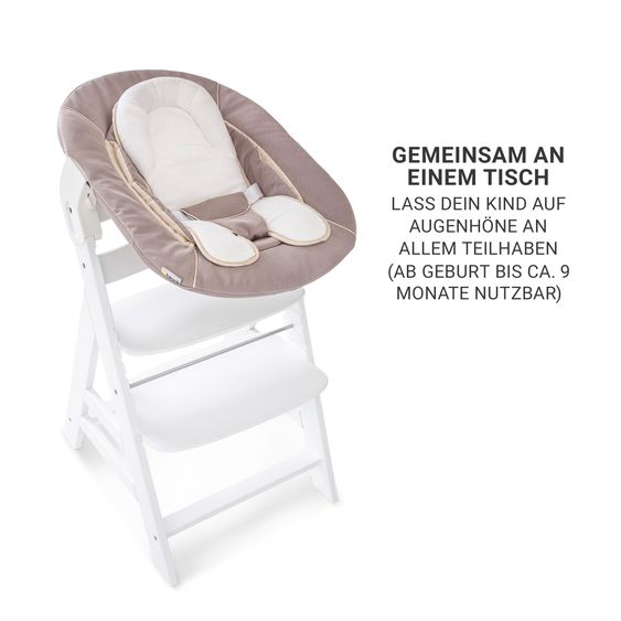 Hauck Alpha Plus White 7-piece newborn set - high chair + 2in1 newborn attachment & bouncer + seat cushion + FREE changing bodysuit 3-pack - Stretch Beige