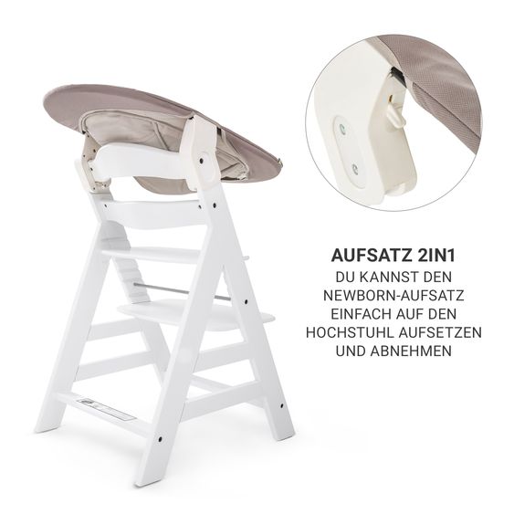 Hauck Alpha Plus White 7-piece newborn set - high chair + 2in1 newborn attachment & bouncer + seat cushion + FREE changing bodysuit 3-pack - Stretch Beige