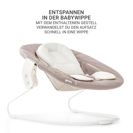 Hauck Alpha Plus White 7-tlg. Newborn Set - Hochstuhl + 2in1 Neugeborenen-Aufsatz & Wippe + Sitzpolster + GRATIS Wickelbody 3er Pack - Stretch Beige