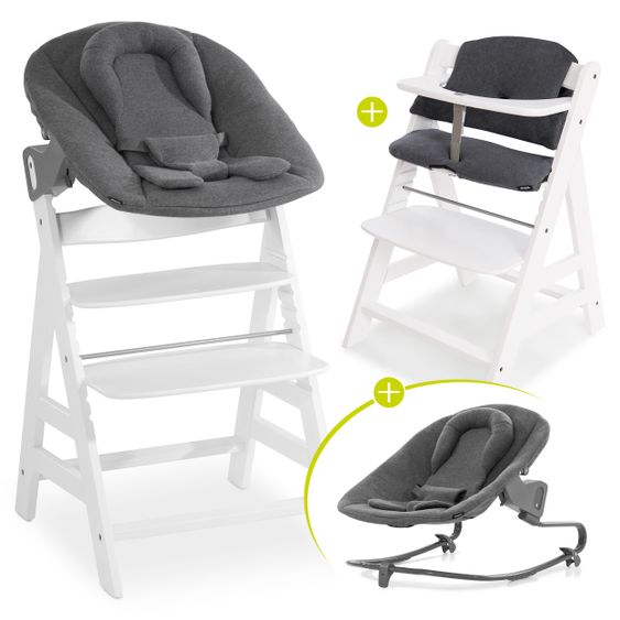 Hauck Alpha Plus White Newborn Set - 4-piece high chair + attachment & rocker Premium Jersey Charcoal + seat cushion