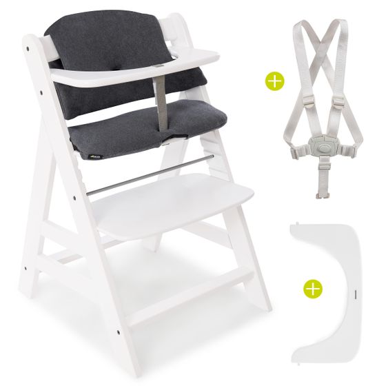 Hauck Alpha Plus White Newborn Set - 4-piece high chair + attachment & rocker Premium Jersey Charcoal + seat cushion