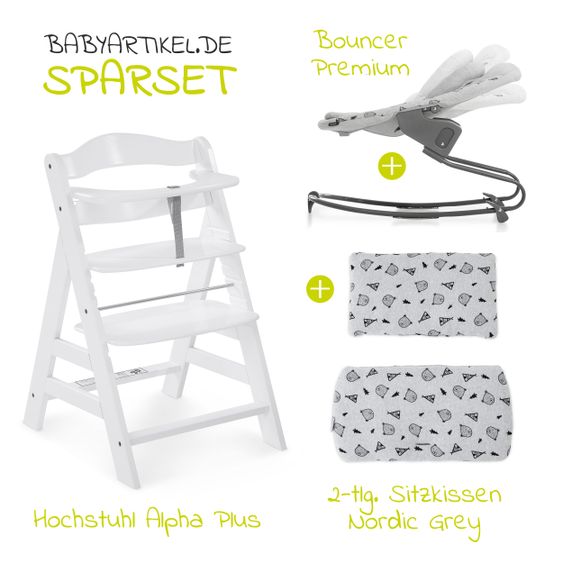 Hauck Alpha Plus White Newborn Set - 4-tlg. Hochstuhl + Aufsatz & Wippe Premium Nordic Grey + Sitzpolster
