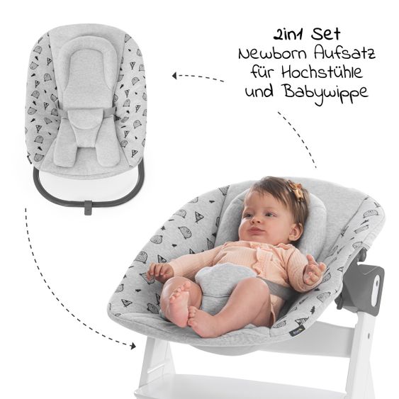 Hauck Alpha Plus White Newborn Set - 4-tlg. Hochstuhl + Aufsatz & Wippe Premium Nordic Grey + Sitzpolster