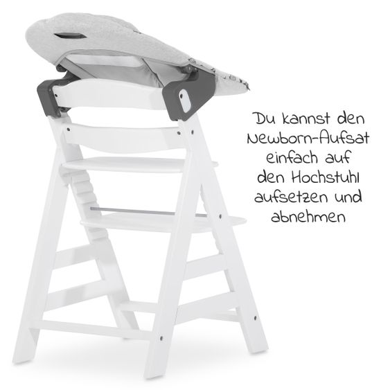 Hauck Alpha Plus White Newborn Set - 4-tlg. Hochstuhl + Aufsatz & Wippe Premium Nordic Grey + Sitzpolster