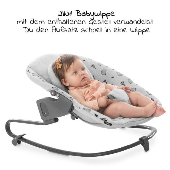 Hauck Alpha Plus White Newborn Set - 4-tlg. Hochstuhl + Aufsatz & Wippe Premium Nordic Grey + Sitzpolster