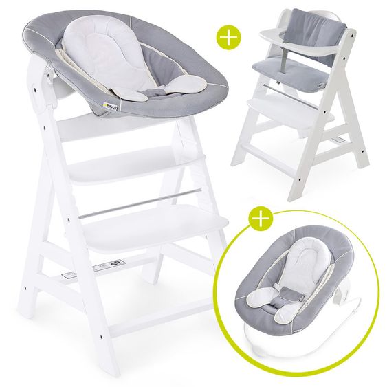 Hauck Alpha Plus White Newborn Set - 4-tlg. Hochstuhl + Neugeborenenaufsatz & Wippe Stretch Grey + Sitzkissen