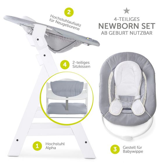 Hauck Alpha Plus White Newborn Set - 4-tlg. Hochstuhl + Neugeborenenaufsatz & Wippe Stretch Grey + Sitzkissen