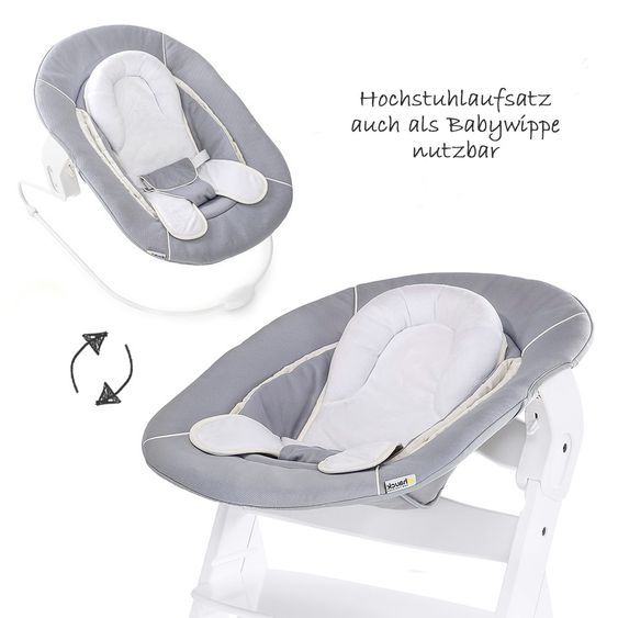 Hauck Alpha Plus White Newborn Set - 4-tlg. Hochstuhl + Neugeboreneneinsatz & Wippe Stretch Grey + Sitzpolster