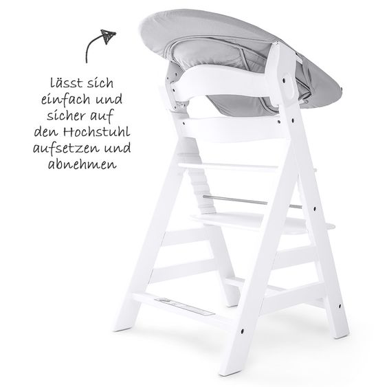 Hauck Alpha Plus White Newborn Set - 4-tlg. Hochstuhl + Neugeboreneneinsatz & Wippe Stretch Grey + Sitzpolster