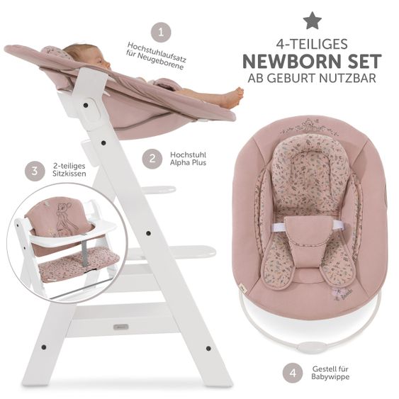 Hauck Alpha Plus White Newborn Set Bambi Rose - 4-tlg. Hochstuhl + Neugeborenenaufsatz + Sitzkissen