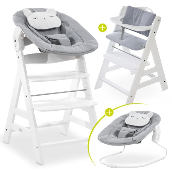 Hauck Alpha Plus White Newborn Set Pastel Bear - 4 pcs High Chair + Newborn Attachment + Seat Cushion Grey