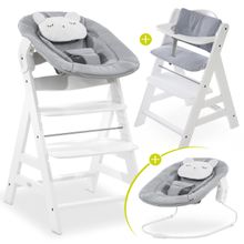Alpha Plus White Newborn Set Pastell Bear - 4-tlg. Hochstuhl + Neugeborenenaufsatz + Sitzkissen Grey