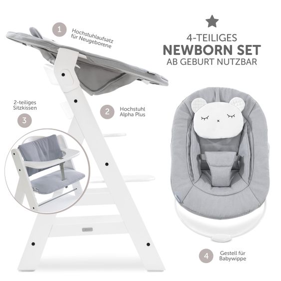 Hauck Alpha Plus White Newborn Set Pastel Bear - 4 pcs High Chair + Newborn Attachment + Seat Cushion Grey