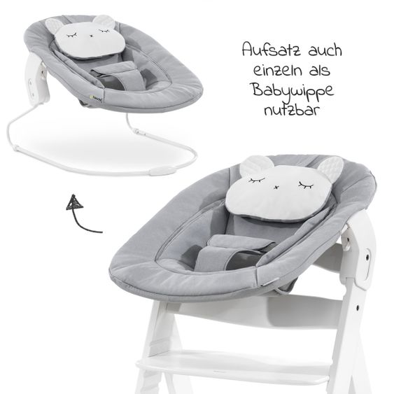 Hauck Alpha Plus White Newborn Set Pastel Bear - 4 pcs High Chair + Newborn Attachment + Seat Cushion Grey