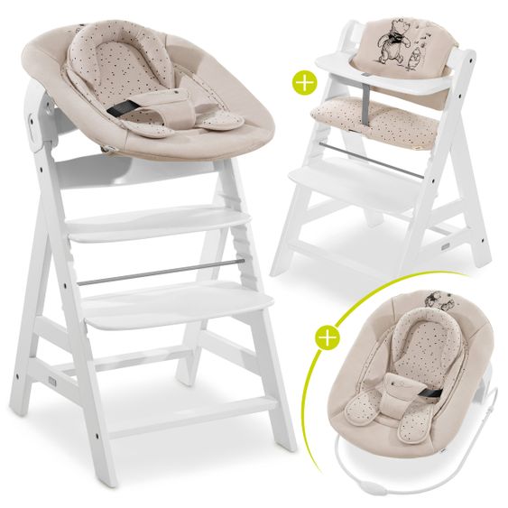 Hauck Alpha Plus White 4-tlg. Newborn Set Disney Pooh - Hochstuhl + Neugeborenenaufsatz & Wippe + Sitzkissen