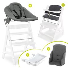 Alpha Plus White XXL Newborn Set - Hochstuhl + 2in1 Aufsatz Bouncer & Wippe + Alpha Tray Essbrett + Sitzverkleinerer + Hochstuhlauflage - Jersey Charcoal