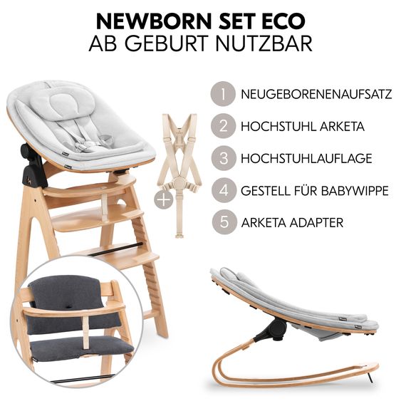 Hauck Arketa Beech 4-tlg. Newborn Set Eco - Hochstuhl + 2in1 Babyaufsatz & Wippe + Sitzkissen - Light Grey / Charcoal