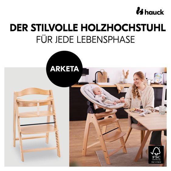 Hauck Arketa Beech 4-tlg. Newborn Set Eco - Hochstuhl + 2in1 Babyaufsatz & Wippe + Sitzkissen - Light Grey / Charcoal