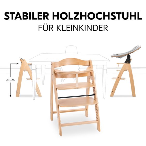 Hauck Arketa Beech 4-tlg. Newborn Set Eco - Hochstuhl + 2in1 Babyaufsatz & Wippe + Sitzkissen - Light Grey / Charcoal