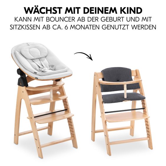 Hauck Arketa Beech 4-tlg. Newborn Set Eco - Hochstuhl + 2in1 Babyaufsatz & Wippe + Sitzkissen - Light Grey / Charcoal