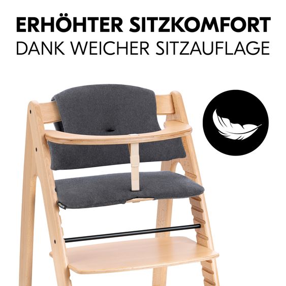 Hauck Arketa Beech 4-tlg. Newborn Set Eco - Hochstuhl + 2in1 Babyaufsatz & Wippe + Sitzkissen - Light Grey / Charcoal