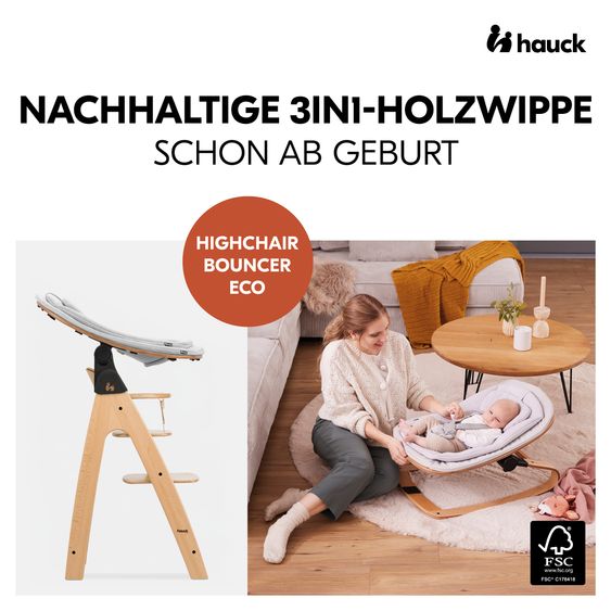 Hauck Arketa Beech 4-tlg. Newborn Set Eco - Hochstuhl + 2in1 Babyaufsatz & Wippe + Sitzkissen - Light Grey / Charcoal