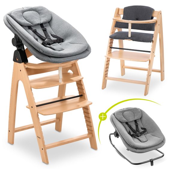 Hauck Arketa Beech 4-tlg. Newborn Set - Hochstuhl + 2in1 Babyaufsatz & Wippe + Sitzkissen - Melange Dark Grey