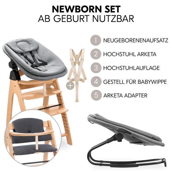 Hauck Arketa Beech 4-tlg. Newborn Set - Hochstuhl + 2in1 Babyaufsatz & Wippe + Sitzkissen - Melange Dark Grey