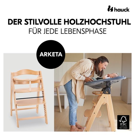 Hauck Arketa Beech 4-tlg. Newborn Set - Hochstuhl + 2in1 Babyaufsatz & Wippe + Sitzkissen - Melange Dark Grey