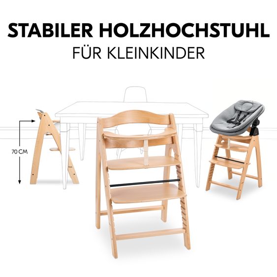 Hauck Arketa Beech 4-tlg. Newborn Set - Hochstuhl + 2in1 Babyaufsatz & Wippe + Sitzkissen - Melange Dark Grey