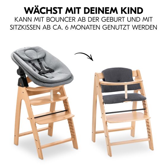 Hauck Arketa Beech 4-tlg. Newborn Set - Hochstuhl + 2in1 Babyaufsatz & Wippe + Sitzkissen - Melange Dark Grey