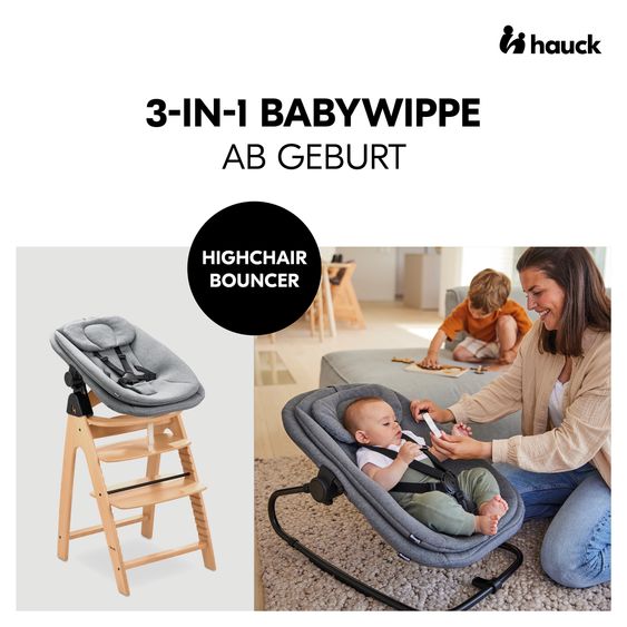 Hauck Arketa Beech 4-tlg. Newborn Set - Hochstuhl + 2in1 Babyaufsatz & Wippe + Sitzkissen - Melange Dark Grey