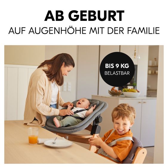 Hauck Arketa Beech 4-tlg. Newborn Set - Hochstuhl + 2in1 Babyaufsatz & Wippe + Sitzkissen - Melange Dark Grey