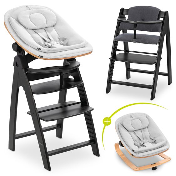 Hauck Arketa Blackwashed 4-tlg. Newborn Set Eco - Hochstuhl + 2in1 Babyaufsatz & Wippe + Sitzkissen - Light Grey / Charcoal